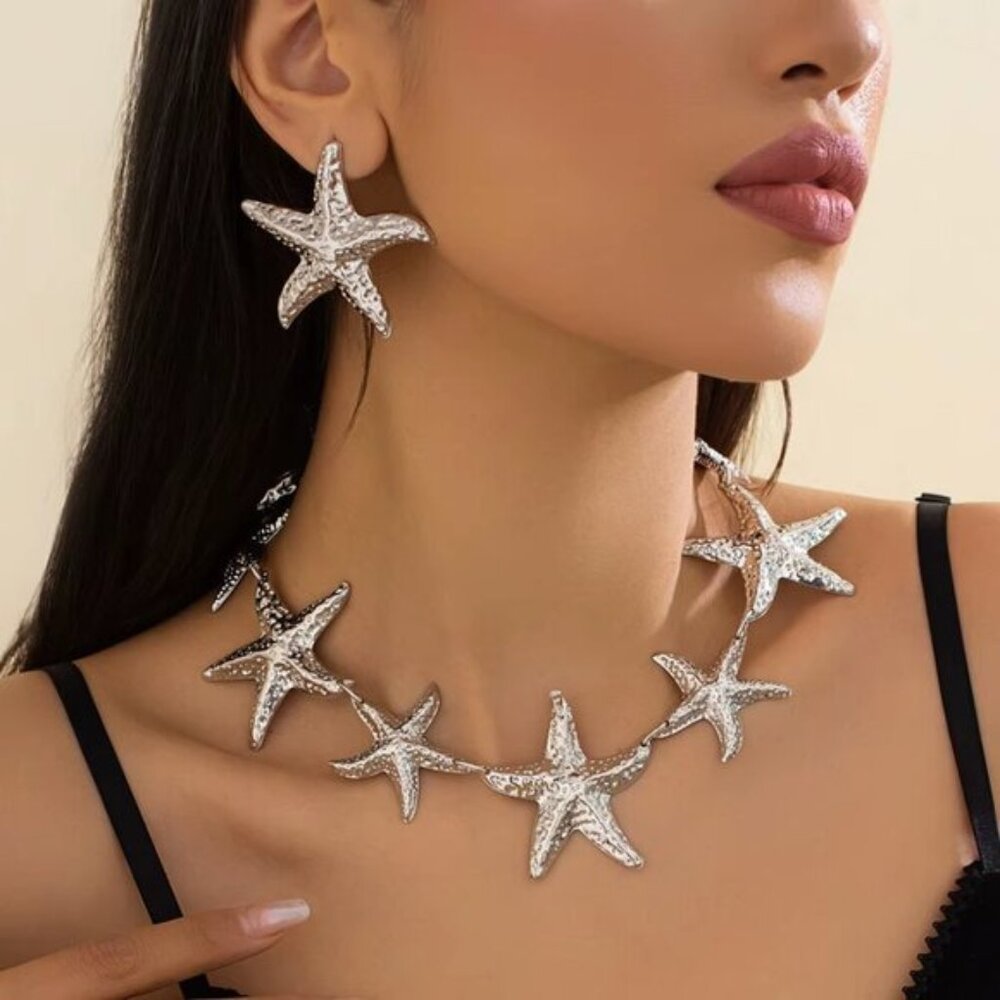 Silver Starfish Necklace & Earring Set